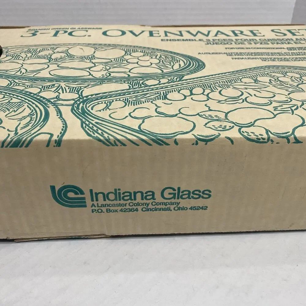 Indiana Glass Madeira 3pc Green Ovenware Set Casseroles Libbey Orchard Fruit VTG